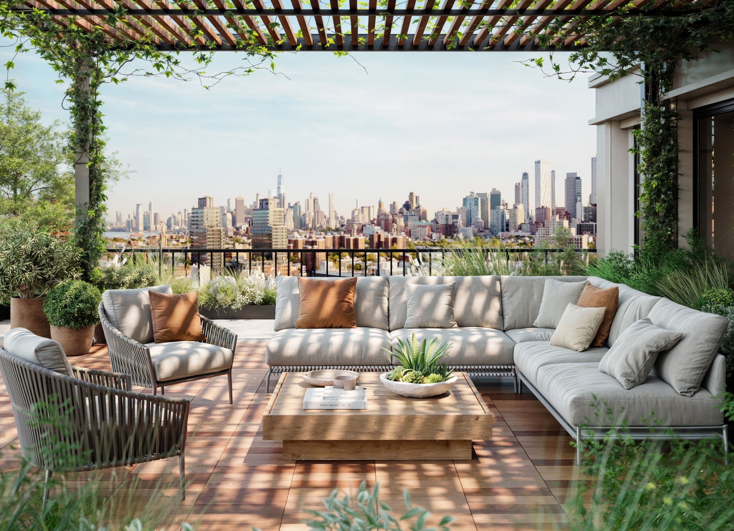 outdoor table with snacks and plants in background
